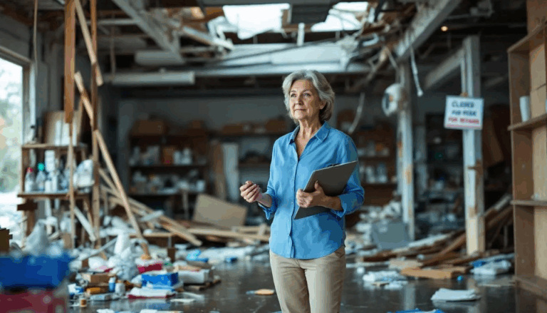 SBA Disaster Loans - A small business owner stands inside a damaged store, surveying the destruction caused by a recent adverse weather event. They appear contemplative as they consider whether to apply for an SBA disaster loan to recover from the substantial economic injury and financial obligations resulting from the disaster.