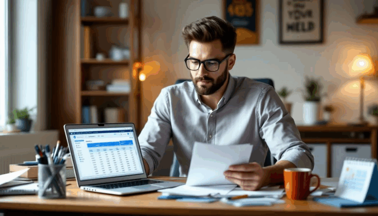 SBA Loan Fees - A small business owner is seated at a desk, carefully reviewing documents that outline the various fees associated with SBA loans, including the sba guarantee fee and other fees like packaging and servicing fees. The owner appears focused, contemplating the total loan amount and SBA loan fees will impact their business.