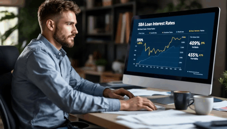 SBA Loan Interest Rates - A small business owner examines a computer screen displaying a graph titled "SBA Loan Interest Rates," as they seek to understand the various interest rates associated with SBA loans, including the maximum loan amount and fixed interest rates. The scene reflects their effort to navigate the complexities of funding options available through the Small Business Administration.