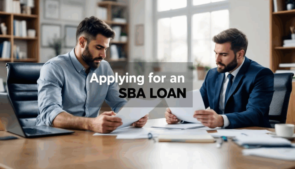 SBA Loans How to Apply - A small business owner sits across from a business loan broker, examining important documents related to the SBA loan process, including details about prepayment penalties and credit terms. The image features a transparent overlay with the title "Applying for an SBA Loan" prominently displayed in black text.