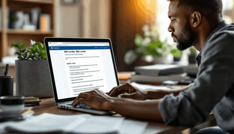 The Best SBA Lenders - A small business owner sits at a desk, intently researching various SBA lenders online to find the best options for small business loans, focusing on loan amounts, interest rates, and eligibility for SBA guaranteed loans. The scene captures the essence of navigating financial institutions to address business needs and secure funding for future projects.