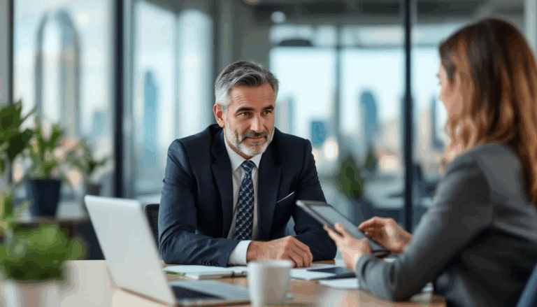 What is a Factoring Company - In the image, a small business owner is engaged in a discussion with a representative from a factoring company, exploring alternative funding solutions like invoice factoring to improve cash flow. They are likely reviewing options for selling unpaid invoices to achieve immediate cash and discussing the terms of a factoring agreement.