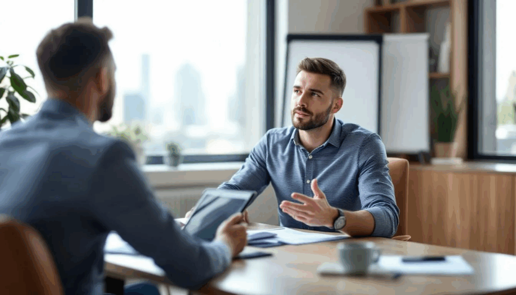 High-Risk Business Loans - A small business owner is engaged in a conversation with a business loan broker about various loan options, highlighted by a transparent overlay that reads "High-Risk Business Loans." The setting suggests a focus on alternative funding options for businesses that may be considered high risk due to factors like poor credit or cash flow challenges.