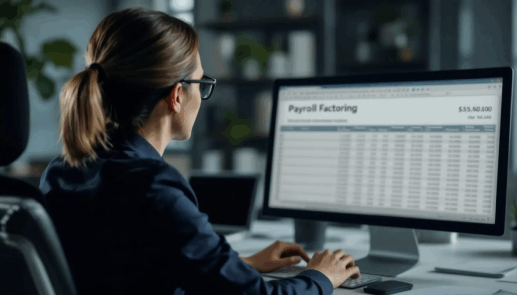 Payroll Factoring for Staffing - A human resources professional at a staffing agency is focused on a computer screen displaying a payroll spreadsheet titled "Payroll Factoring," which outlines how to effectively manage payroll obligations and ensure immediate cash flow for the staffing company's operations. The spreadsheet likely includes details on payroll funding solutions and the factoring process to maintain positive cash flow.