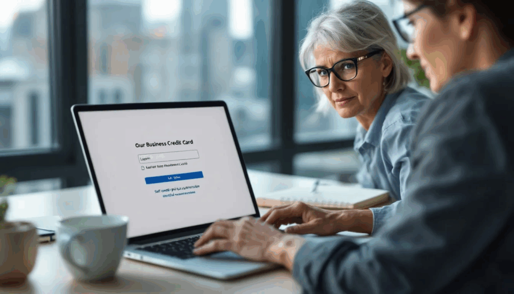 Best Business Credit Cards with a Soft Pull Only - A small business owner is seated at a desk, applying for a business credit card online account, ensuring that the process involves only a soft credit pull to check their credit score. The screen displays options for various business credit cards, highlighting features such as credit limits and eligibility for rewards on business expenses.