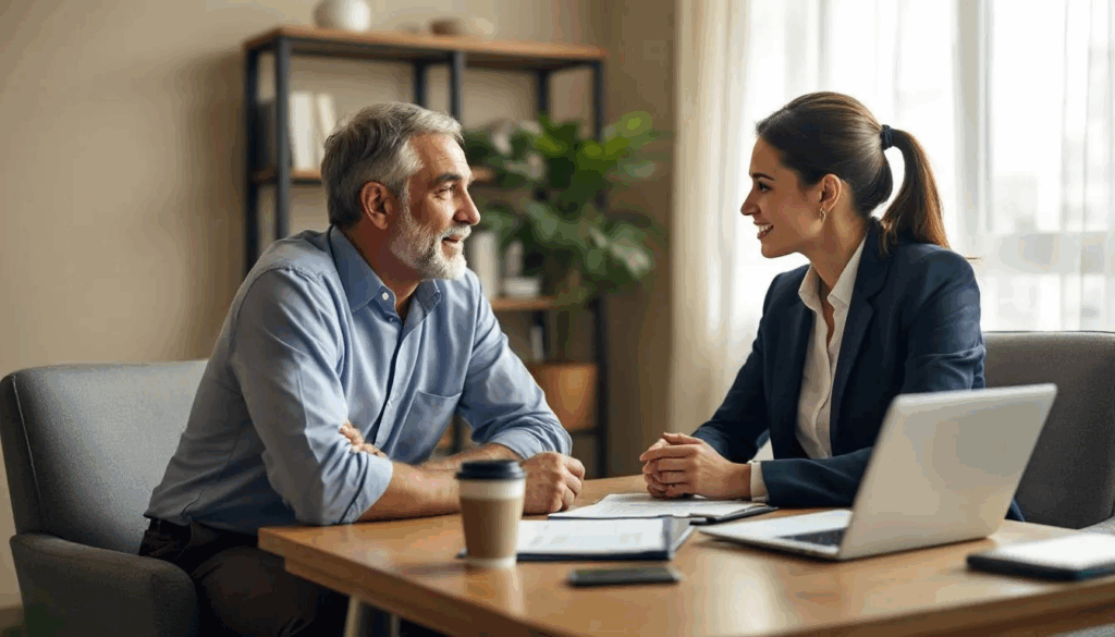 Can I get a Business Loan with EIN Only - In the image, a small business owner is seated at a table with a business loan broker, discussing options for securing a business loan with just an EIN. They are reviewing documents related to the business's credit history and financial health, highlighting the importance of strong business credit for financing.