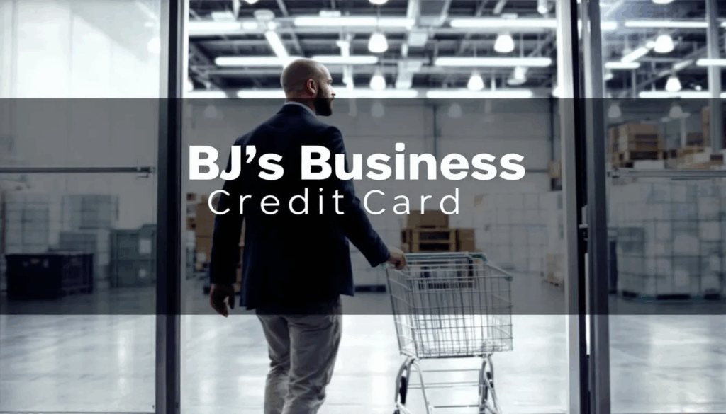 BJ's Business Credit Card - In the image, a small business owner is navigating a large box store filled with various supplies in bulk, while a transparent overlay prominently displays the title "BJ's Business Credit Card." The scene captures the essence of shopping at a wholesale club, highlighting the importance of membership benefits like rewards and discounts on business purchases.